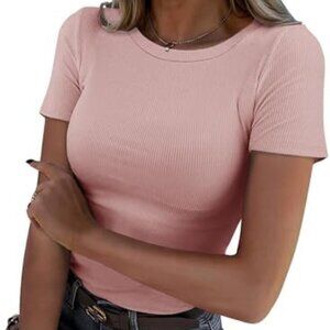 Crew Neck Ribbed Fitted Tight T-shirt Short Sleeve Top